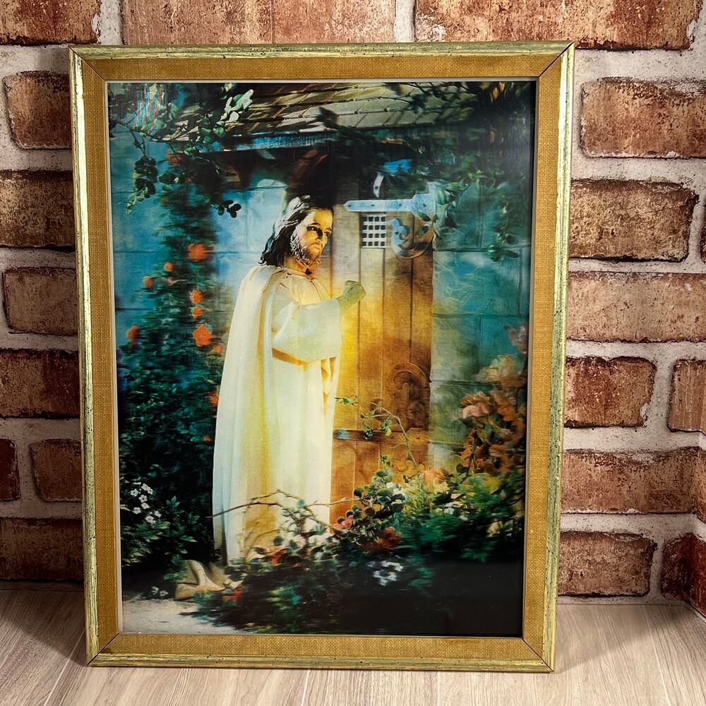 Vintage Framed MCM Victor Amderson Studios Christ at Hearts Door 3D Lentograph